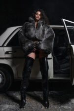 BOXY CROPPED FAUX FUR COAT GREY - Image 7